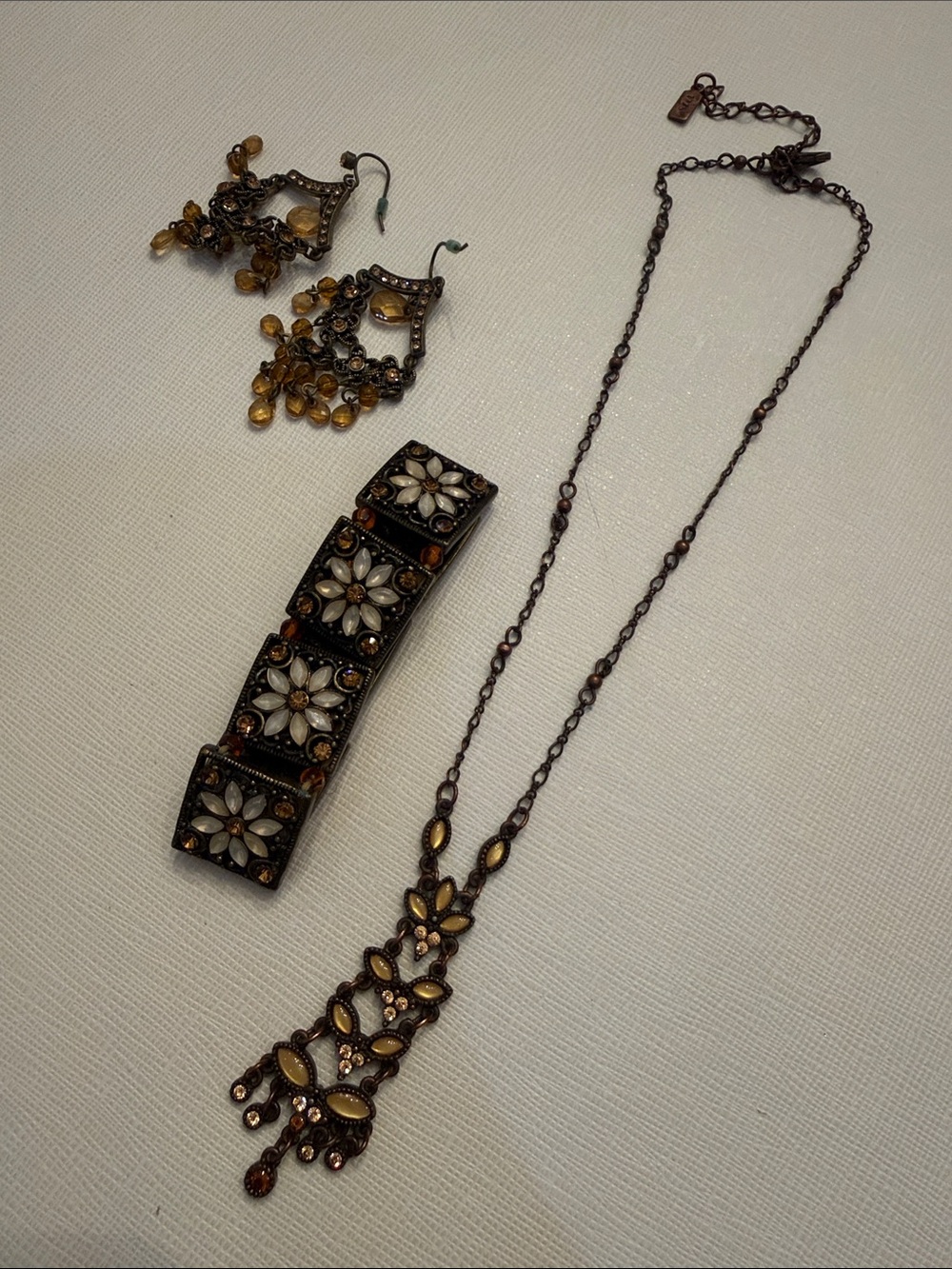 Vintage-Style Brown Floral Pendant Necklace - bracelet and earrings set
